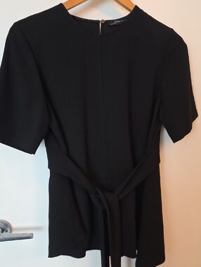 Zara Black Short Sleeve Tie-Waist Blouse